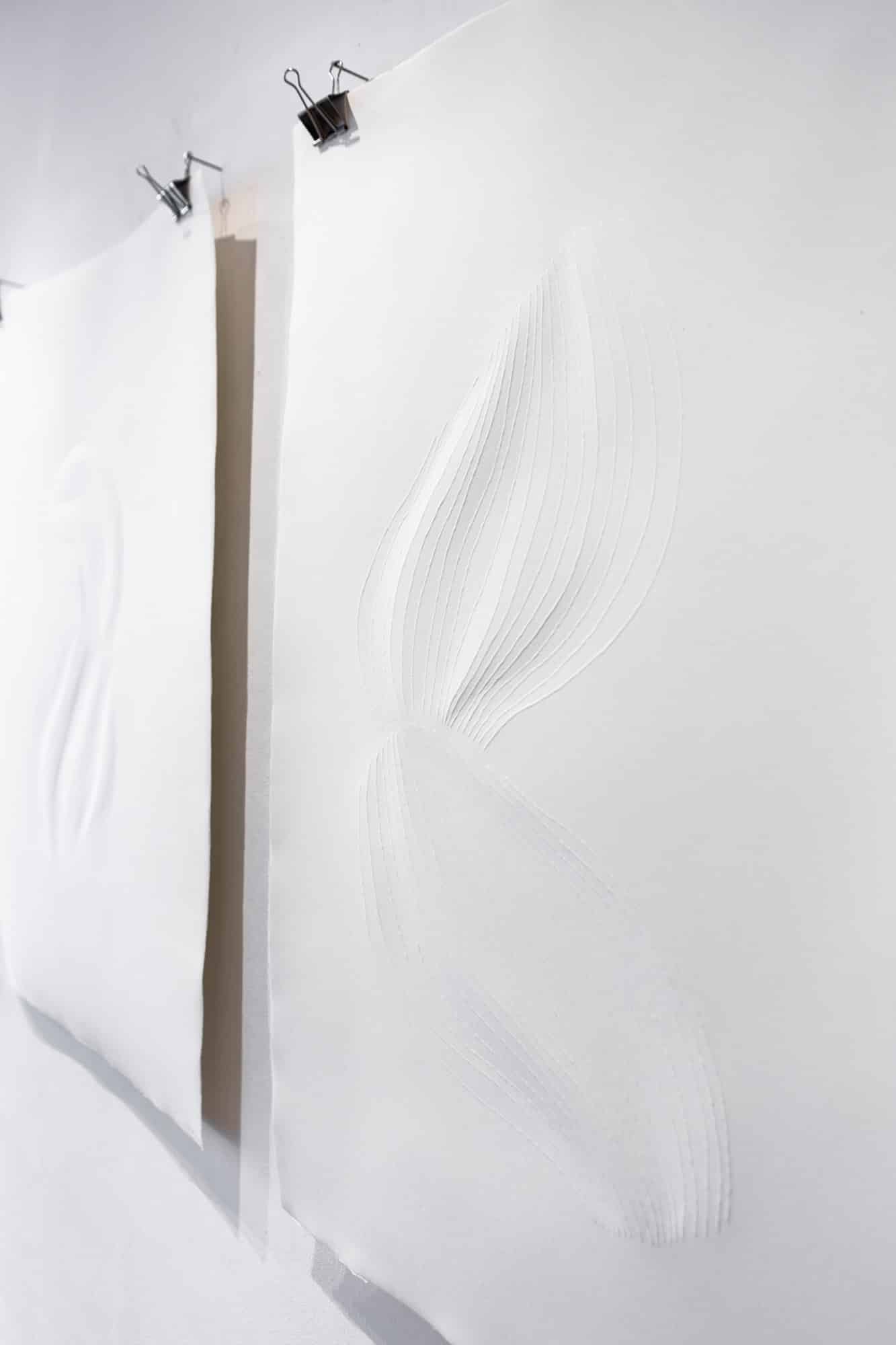 Exhibition view showing Spur III by Myriam Perrot, embossed Hahnemühle paper, 2021/2022
