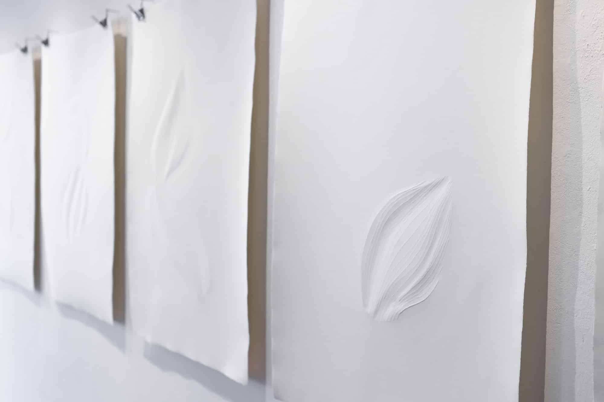 Exhibition view showing Spur IV by Myriam Perrot, embossed Hahnemühle paper, 2021/2022