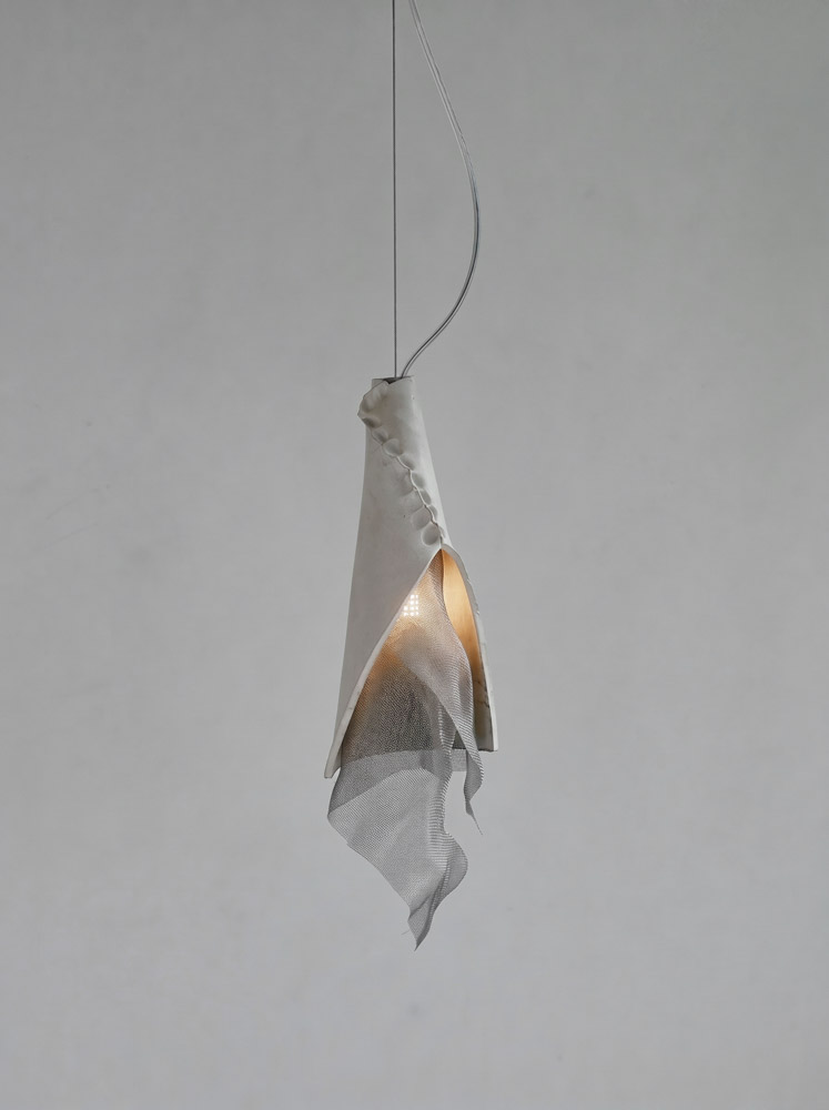 Petticoat pendant lamp by hap ceramics, stoneware with matte white glaze, stainless steel mesh, stainless steel cable, G9 LED bulb 
