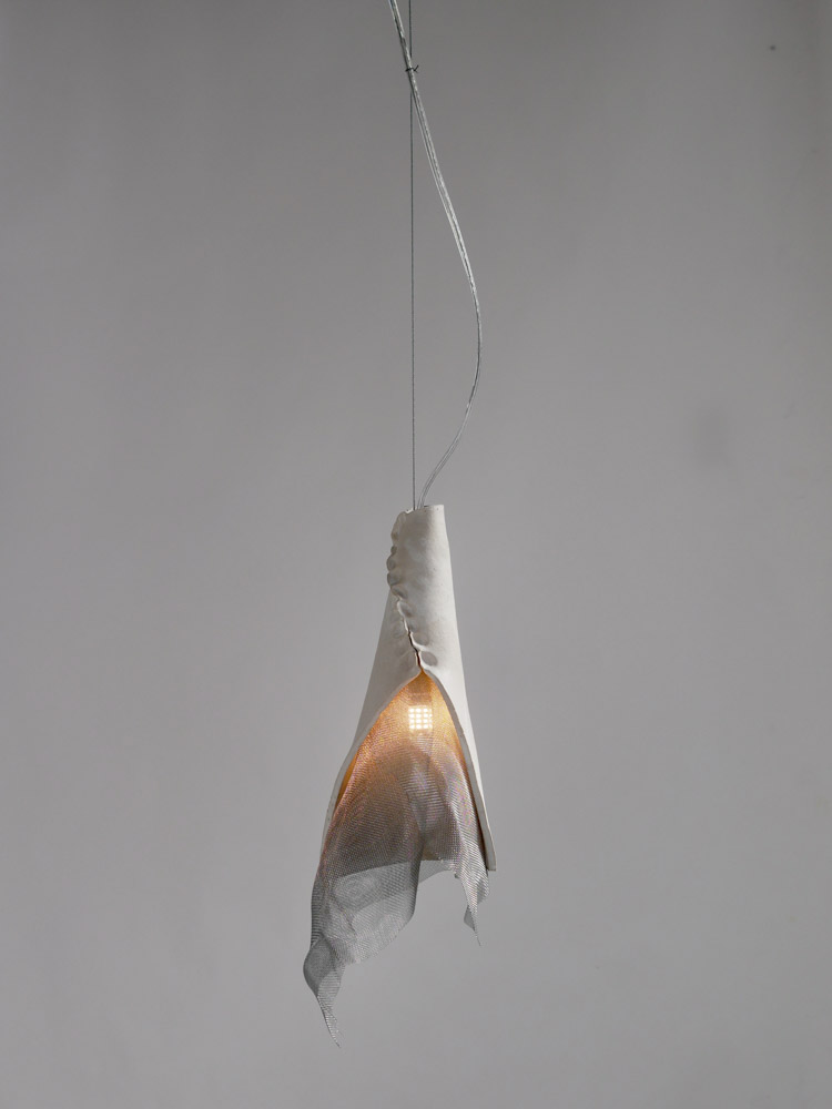 Petticoat pendant lamp by hap ceramics, stoneware with matte white glaze, stainless steel mesh, stainless steel cable, G9 LED bulb 