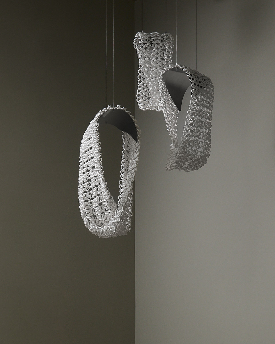 Remous I-III by Myriam Perrot, 2026, unglazed porcelain and stainless steel 